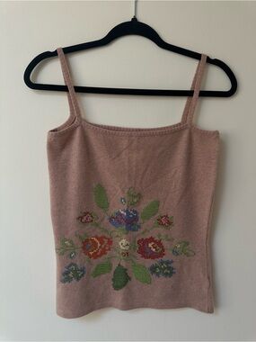 NWT Clements Ribeiro Vintage 100% Cashmere Floral Knit Cami Top Pink